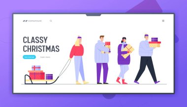 Kış Tatili Web Sitesi İniş Sayfası. İnsanlar Ellerinde ve Kızakta Hediye Kutuları Taşır. Karakterler, Aile ve Arkadaşlarla Noel Kutlaması İçin Acele Ediyor Web Sayfası Afişi. Çizgi film Düz Vektör İllüstrasyonu