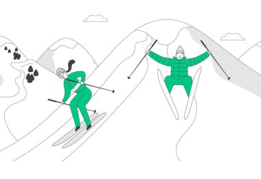 Kış sezonunda kayak yapan erkek ve kadın kayakçılar. Snow 'la Soğuk Hava Tatil Köyü' nde spor etkinliği. Eğlence Hayatı Kayak Yapan İnsanlar. Çizgi film Düz Vektör İllüstrasyonu, Satır Sanatı