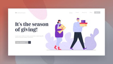Mutlu İnsanlar Hediye Kutuları Taşır Web Sitesi İniş Sayfası. Karakterler Kış Tatillerinde Aile ve Arkadaşlara Hediyeler Hazırlar Ya da Doğum Günü Kutlama Web Sayfası Afişi. Çizgi film Düz Vektör İllüstrasyonu