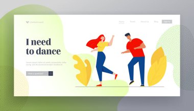 Disko Partisinin Web sitesinde Dans Eden Genç İnsanlar Sayfası. Erkek ve Kadın Birlikte Zaman Geçiriyor Müzik Ritmi Mutlu Boş Zamanlar ve Sparetime Web Sayfası Afişi. Çizgi film Düz Vektör İllüstrasyonu