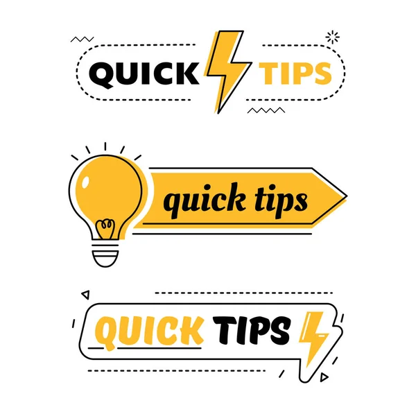 Set of Quick Tips, Helpful Tricks, Tooltip Hint for Website. Abstract Banners with Useful Information, Online Support Icons of Solution, Idea or Advice with Light Bulb Cartoon Flat Vector Illustration — Stock Vector