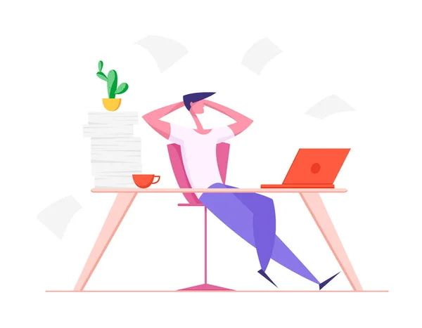 Lazy Office Worker with Hands behind of Head Sit in Office at Desk. Useless and Relaxing Man Doing Nothing or Taking Break from Work in Workstation Businessman Resting Cartoon Flat Vector Illustration — ストックベクタ