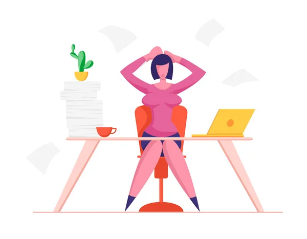 Mujer de negocios estresada sosteniendo la cabeza con las manos sentadas en el lugar de trabajo con documentos llenos de trabajo duro en la oficina. Deadline Stress and Time Management Concept (en inglés). Dibujos animados plana Vector Ilustración — Vector de stock