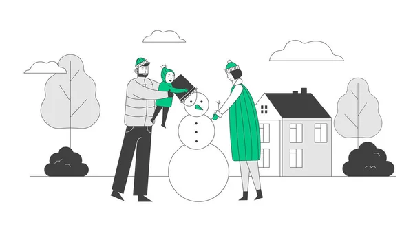 Happy Family of Mother Father and Little Baby Spend Time Outdoors Making Snowman on Street. Dad Holding Child who Putting Bucket on Snow Man Head, Mom Help Cartoon Flat Vector Illustration, Line Art — Stock vektor