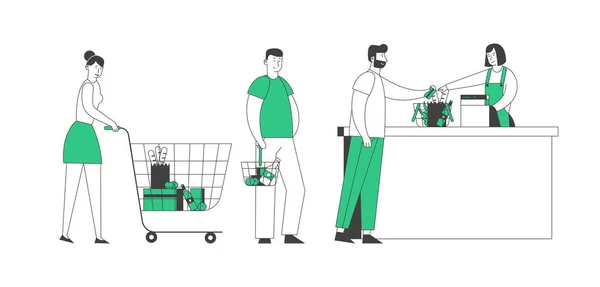 Einkaufsschlange im Supermarkt, Kunden mit Waren in Papiertüten stehen an der Kasse und bezahlen mit Kreditkarten. Verkauf, Konsum. Cartoon flache Vektorillustration in der Zeilenkunst — Stockvektor