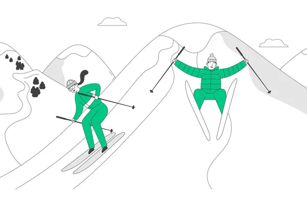 Homem e mulher esquiadores equitação esquis downhill no inverno temporada. Sport Activity on Mountain Resort em tempo frio com neve. Recreação Estilo de Vida Pessoas Esqui. Desenhos animados plana Vector Ilustração, Line Art — Vetor de Stock