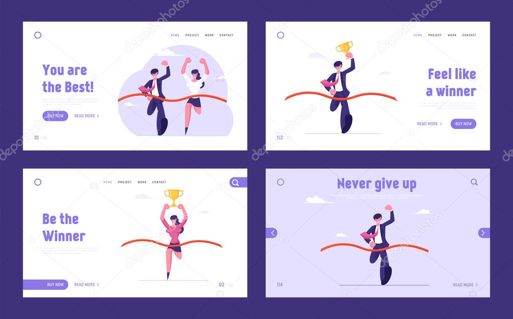 Business Team Leaders Competition Website Landing Page Set. Man and Woman Holding Golden Cup Take Part in Race Run Crossing Finish Line with Ribbon Web Page Banner. Cartoon Flat Vector Illustration