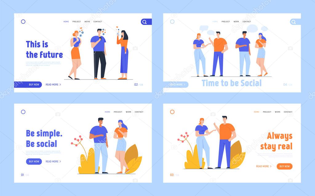 Smm Social Media Networking and People Communication Website Landing Page Set. Male and Female Characters Talking and Chatting Using Mobile Phones Web Page Banner. Cartoon Flat Vector Illustration