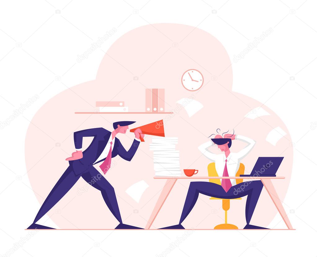 Angry Furious Boss Character Yelling to Megaphone at Employee Office Worker Sitting at Desk with Computer and Documents. Businessman in Stress Deadline Situation. Cartoon Flat Vector Illustration