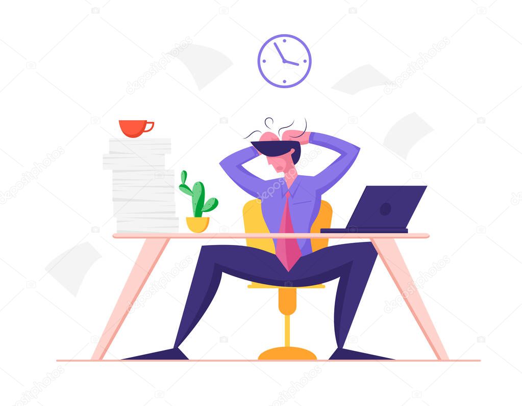 Burned Down Businessman in Depression Sitting at Office Desk with Heap of Paper Documents and Laptop Tearing Hair on Head Overloaded Worker Stress and Deadline Concept Cartoon Flat Vector Illustration