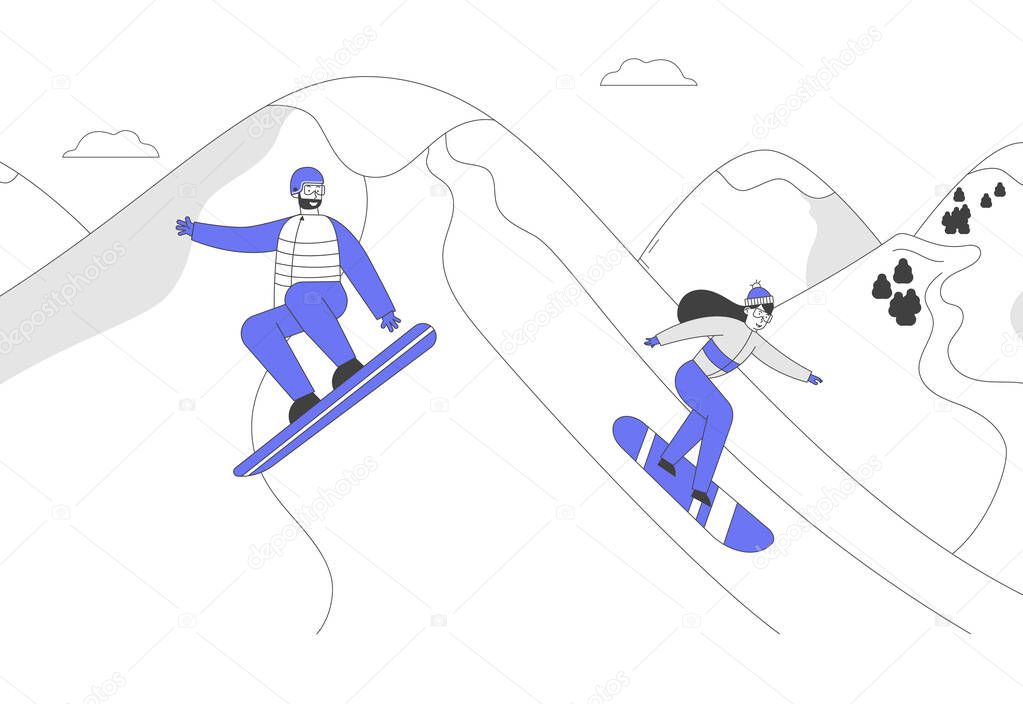 Snowboard Riders Characters Having Fun and Winter Mountain Sports Activity. Adult People Dressed in Winter Clothing Snowboarding. Resort Sport Spare Time Cartoon Flat Vector Illustration, Line Art