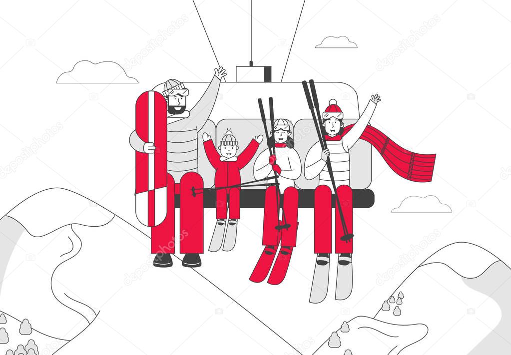 Skiers and Skateboarder Family of Parents and Kids Go Up Hill on Rope Funicular Having Fun on Resort. Winter Vacations Activity. People Rise Mountain Elevator Cartoon Flat Vector Illustration Line Art