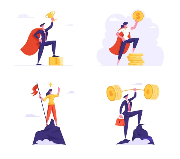 Set van succesvolle zakelijke personages Winnaars met een gouden trofee boven Head Stand op de top van High Rock en Pedestal. Doelstelling, Financiële Winst en Rijkdom. Cartoon Flat Vector Illustratie — Stockvector