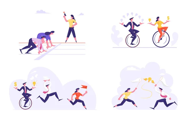 Set Business Characters mengambil bagian dalam Corporate Competition and Race. Pebisnis dan Pengusaha Perempuan Menjalankan Maraton, Mengendarai Monowheel Juggling dengan Bulbs, Menangkap Dollar Kartun Flat Vektor Ilustrasi - Stok Vektor