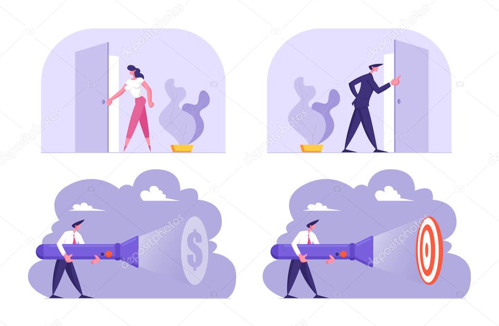Set of Business People Standing at Open Door Entrance Looking Inside, Lighting to Target. New Opportunity, Successful Idea Research, Career Growth, Light in Darkness Cartoon Flat Vector Illustration