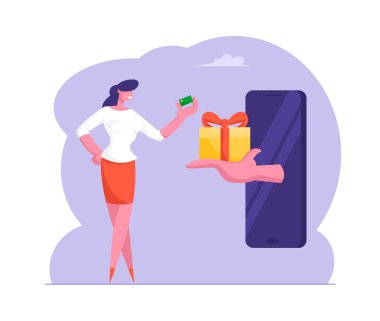 Smartphone Screen Stretch hediye kutusundan elinde kredi kartı olan kadına kocaman bir el. İnternet Bonusu ya da Müşteri Sadakat Programı Konsepti, Çevrimiçi İkramiye Ödülü, Kumar Çizgi Filmi Flat Vektör İlülasyonu