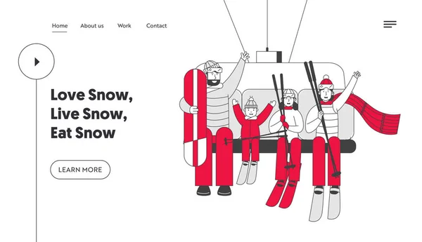 冬の休暇活動のウェブサイトランディングページ.スキーとスケートボーダー親と子供の家族は、ロープマウンテンエレベーターのWebページバナーで丘を登ります。漫画フラットベクトルイラスト,ラインアート — ストックベクタ