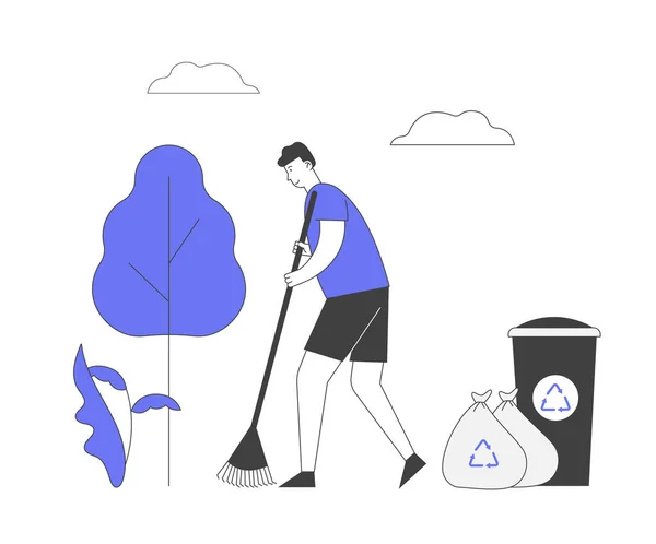 Ecology Protection Concept. Man Volunteer Sweeping Ground in Park Collecting Trash into Bags and Litter Bin with Recycling Sign. Nature Garbage Pollution. Cartoon Flat Vector Illustration, Line Art — Stock Vector