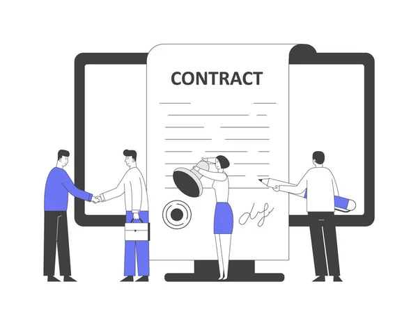 Бізнес-люди укладають договір, трясуть руками, перевіряють і підписують контракти. Персонажі стоять на Pc Screen з печаткою і пен для сигнатури. Cartoon Flat Vector Illustration, Line Art — стоковий вектор