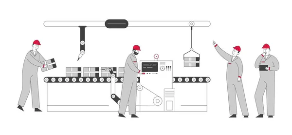 Έξυπνο Εργοστάσιο. Ρομπότ Χέρια και Εργαζόμενοι Εργάζονται στη Γραμμή Συγκέντρωσης με Παραγωγή. Διαδικασία αυτοματισμού ζωνών μεταφοράς, Βιομηχανία Κατασκευής Καινοτομίας Cartoon Flat Vector Illustration, Line Art — Διανυσματικό Αρχείο