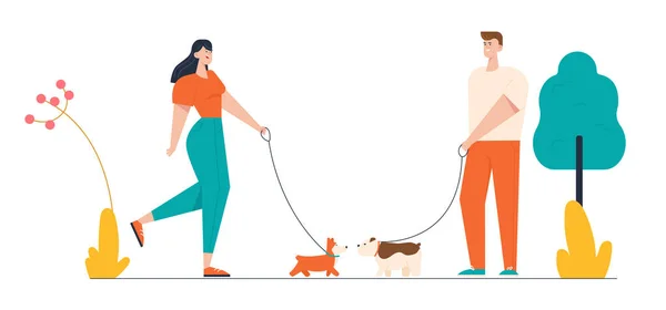 Male and Female Characters Walking with Dogs in Public City Park. People Spending Time with Pets Outdoors on Summer Time. Relax, Leisure, Communication with Animals. Cartoon Flat Vector Illustration — Stock Vector