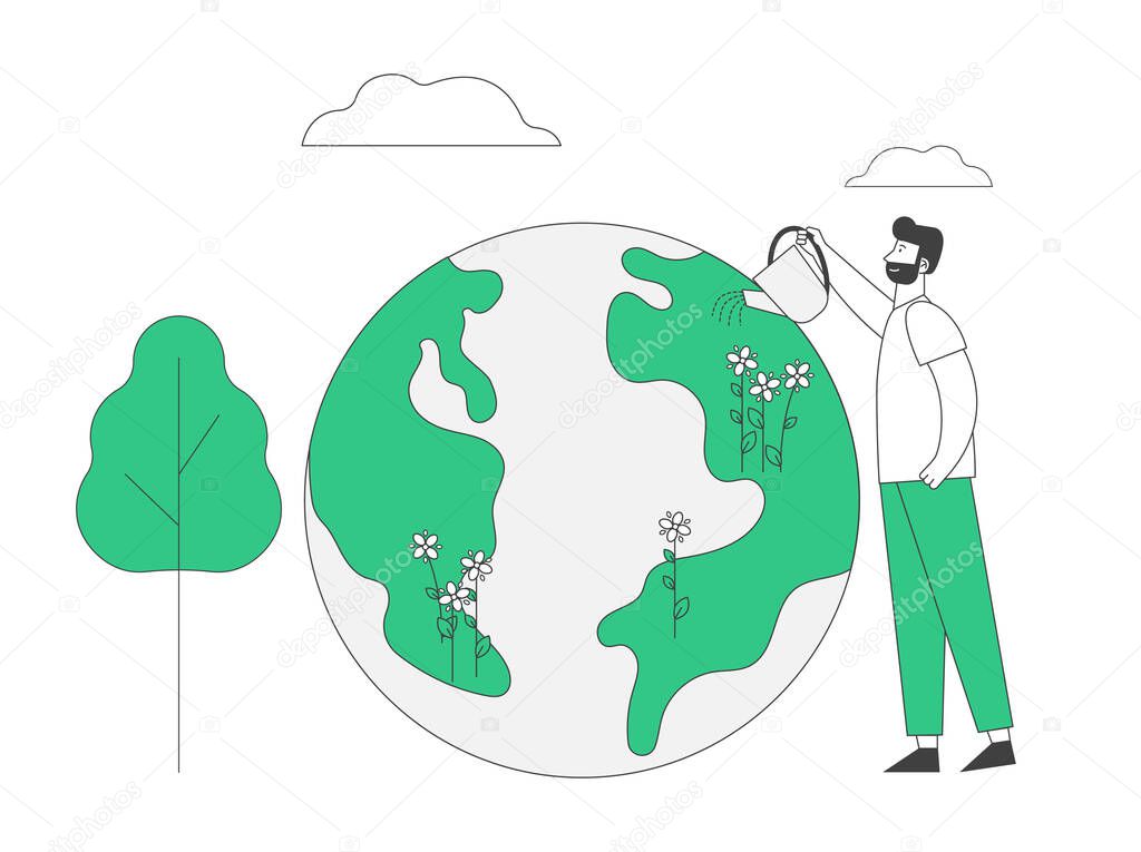 Happy Earth Day Holiday Celebration and Planet Care Concept. Environment Ecology Protection. Worldwide Global Event Nature Conservation. Man Watering Plants Cartoon Flat Vector Illustration, Line Art