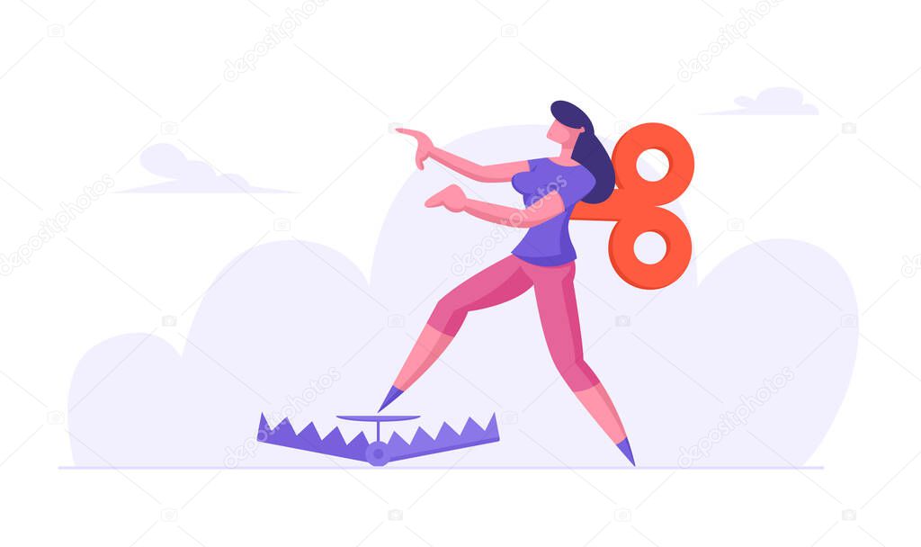 Risk Management and Business Manipulation Concept. Harebrained Businesswoman with Clockwork Key on Back Step Directly into Trap on Ground. Controlled Office Employee Cartoon Flat Vector Illustration