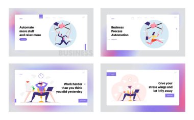 Kukla İşadamları Büyük Ustalar Eli ve Deadline Stress İniş Sayfası Set ile manipüle edildi. Marionette Business People, aşırı yüklü işçiler web sitesi afişi. Çizgi film Düz Vektör İllüstrasyonu