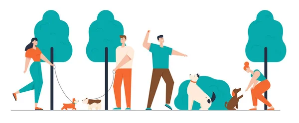 Persone che trascorrono del tempo con gli animali domestici all'aperto. Personaggi Maschile e Femminile Cani da Passeggio e da Formazione nel Parco Estivo, Tempo Libero Rilassante, Comunicazione Amore, Cura degli Animali. Illustrazione del vettore piatto del fumetto — Vettoriale Stock