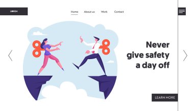 Manipülasyon, İnanç Sıçrayışı Web Sitesi İniş Sayfası. Clockwork Mekanizmalı İşadamı ve İş Kadını Uçuruma Geri Adım atıp Web Sayfası Sancağını Arıyor. Çizgi film Düz Vektör İllüstrasyonu
