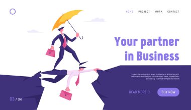 Strongest will Survive Concept Website Landing Page. Business Man with Umbrella Running over Abyss by Head of Colleague, Businessman Crisis Insurance Web Page Banner. Cartoon Flat Vector Illustration clipart