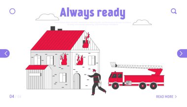 Blaze Web Sitesi İniş Sayfası ile İtfaiyeci Dövüşü. Yanan Ev İçin Ellerinde Su Kova Taşıyan İtfaiyeci Tehlike Mesleği Web Sayfası Afişi. Çizgi film Düz Vektör İllüstrasyonu, Satır Sanatı