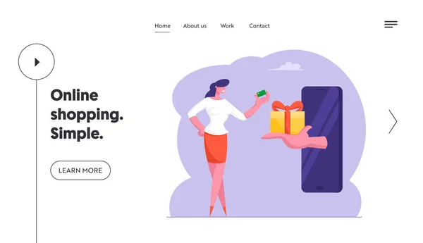 Бонусный онлайн-приз, азартные игры. Огромная рука от экрана смартфона растяжения подарка коробке женщине с кредитной картой в руке. Программа лояльности веб-страница Cartoon Flat Vector Illustration — стоковый вектор