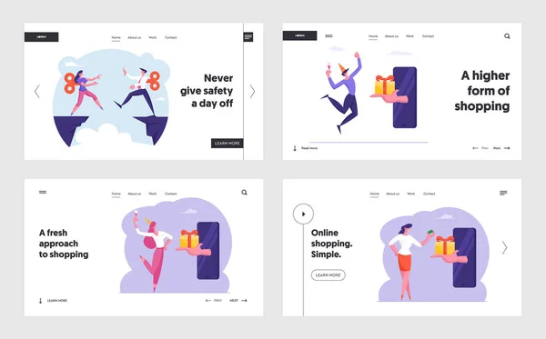 Стрибок віри, онлайн бонус Призовий сайт Landing Page Set. Механізм годинникової роботи бізнесменів на зворотному кроці в безодню, отримання подарунка від банера веб-сторінки мобільного телефону. Мультфільм плоский Векторні ілюстрації — стоковий вектор