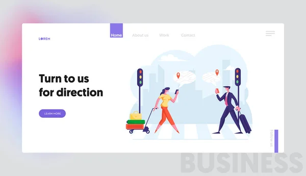 Smart Technologies Lifestyle Website Landing Page. Travelers Use Map on Mobile Phone App Searching Route Location of Place with Gps on Street Crosswalk Web Page Banner Cartoon Flat Vector Illustration — 스톡 벡터