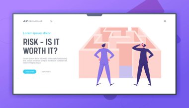 Çözüm Bulma, Meydan Okuma ve Sorun Çözme Web Sitesi İniş Sayfası. Maze Girişinde sıkışıp kalmış kafası karışmış işadamları Zor Yol Web Sayfası Afişini nasıl geçireceklerini düşünüyorlar. Çizgi film Düz Vektör İllüstrasyonu