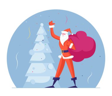 Geleneksel Kırmızı Kostümlü Slim Noel Baba Süslü firavun ağacında El Sallayan Elle Torba Taşır. Kış sezonu tatilleri mutlu Noeller ve yeni yıl dilekleri. Çizgi film Düz Vektör İllüstrasyonu