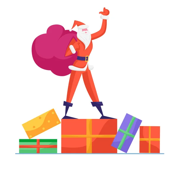 Slim Père Noël en costume traditionnel rouge tenant sac avec des cadeaux debout sur une énorme boîte enveloppée agitant la main. Vacances d'hiver Joyeux Noël Bonne année Souhaits Dessin animé Vecteur plat Illustration — Image vectorielle