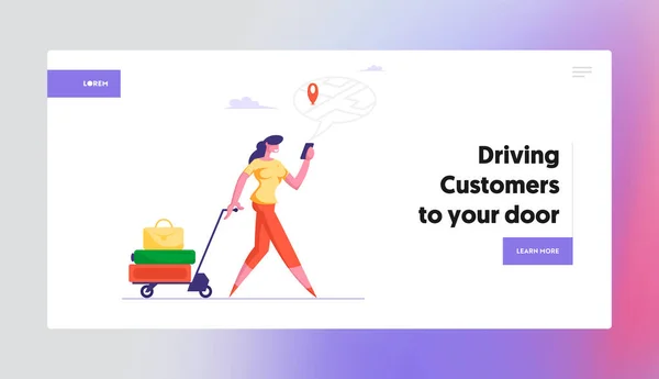 Άτομα που χρησιμοποιούν Gadget Online Navigation App Ιστοσελίδα Προσγείωσης. Woman with Luggage Watch on Mobile Screen with Map and Location Επισήμανση Ετικετών Gps Pointer Web Page Banner. Εικονογράφηση επίπεδου διανύσματος κινουμένων σχεδίων — Διανυσματικό Αρχείο