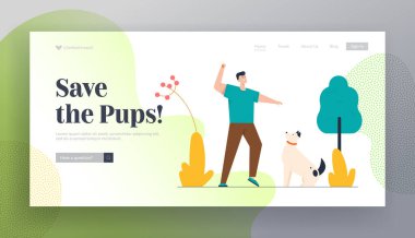 Evcil Hayvan Sitesi İniş Sayfası ile Top Oynayan Adam. Boş zaman, Park 'taki Ev Hayvanı ile İletişim. City Park Web Sayfası Banner 'da Köpekle Yürüyüş. Çizgi film Düz Vektör İllüstrasyonu