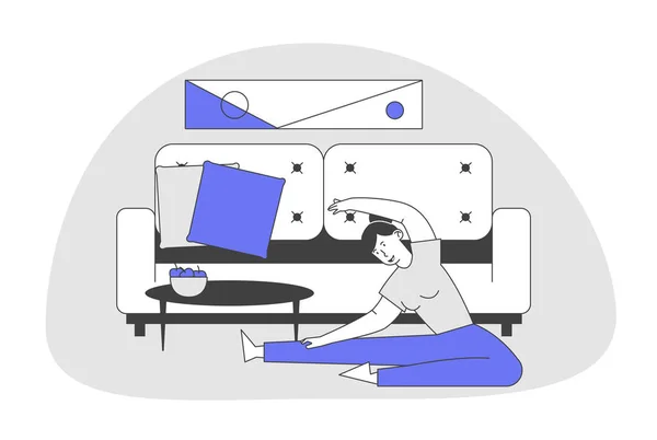 Young Woman Sitting on Floor in Domestic Room Interior Doing Stretching Exercises for Healthy Body. Fitness and Sports Activity at Home, Gymnastics Workout. Cartoon Flat Vector Illustration, Line Art — 스톡 벡터