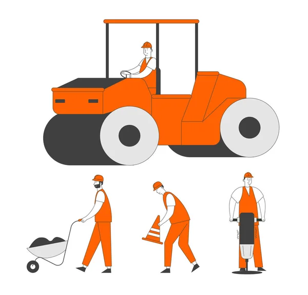 Reparación de carreteras y construcción. Compactador Rolling Machine y Working People con Conos, Wheelbarrow y Jackhammer. Mantenimiento de Asfalto para Vehículos Pesados. Dibujos animados plana Vector Ilustración, Línea de Arte — Vector de stock