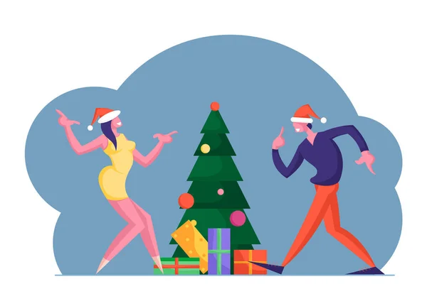 Año Nuevo o Navidad Celebración en el trabajo o en casa. Feliz Colega Hombre y Mujer Empresarios Bailando en Árbol de Navidad Decorado con Regalos Divirtiéndose en Fiesta de Oficina. Dibujos animados plana Vector Ilustración — Vector de stock