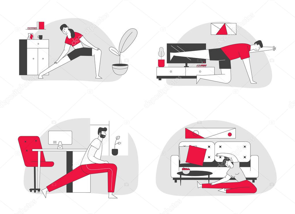People Practicing Stretching at Home Set. Fitted Men and Women Doing Gymnastics Exercises for Healthy Body on Domestic Interior Background. Sports Lifestyle. Cartoon Flat Vector Illustration, Line Art