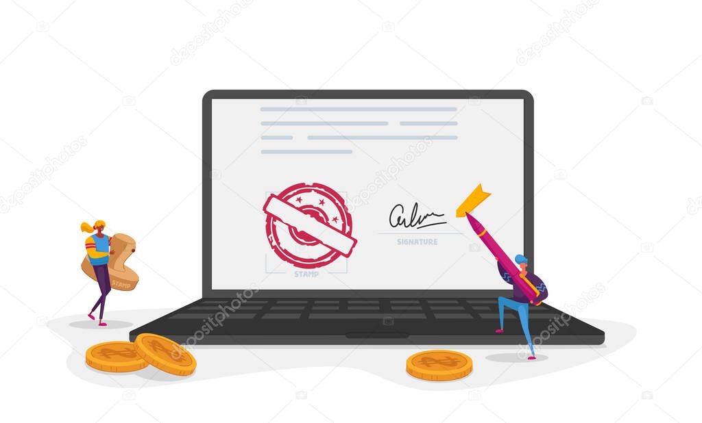Electronic Contract or Digital Signature Concept. Businessman Character with Giant Pen Putting Name as Identification Form on Laptop Screen with Stamp on Document. Cartoon People Vector Illustration