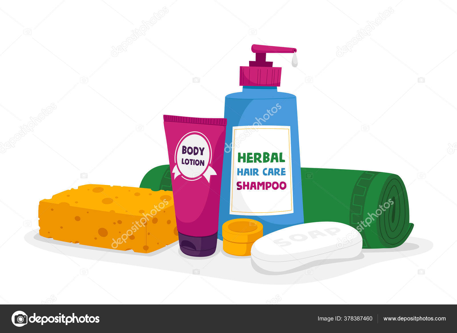 Bath Cosmetics and Toiletries Accessories Body Lotion, Herbal Hair Care  Shampoo and Soap Bar with Sponge, Rolled Towel Isolated on White  Background. Cosmetic Products, Cartoon Vector Illustration Stock Vector  Image by ©lemono #