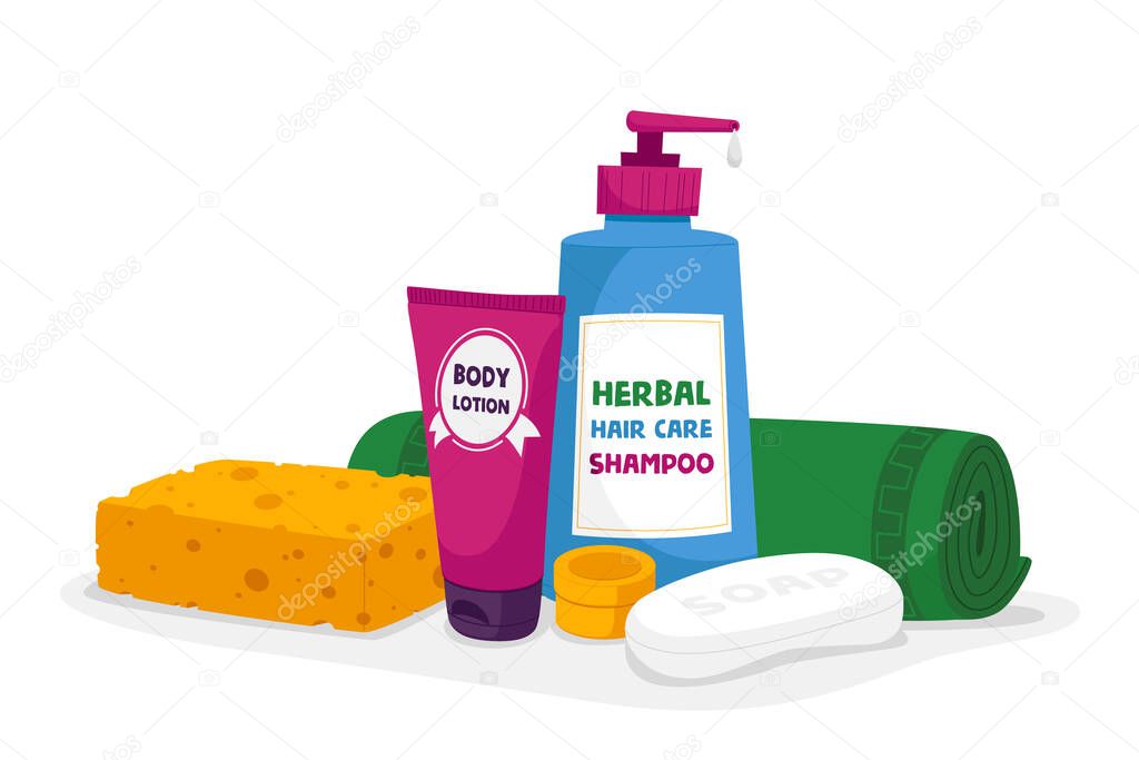Bath Cosmetics and Toiletries Accessories Body Lotion, Herbal Hair Care Shampoo and Soap Bar with Sponge, Rolled Towel Isolated on White Background. Cosmetic Products, Cartoon Vector Illustration
