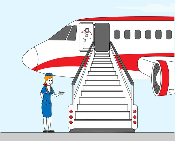 Stewardess, Stewardess, Stewardess, Stewardess, Stewardess in Uniform und Mütze, die Passagiere zum Einsteigen einlädt. Abfahrt zum Bestimmungsort. Lineare Vektorillustration — Stockvektor