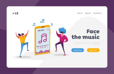 İyi tatiller ve Sparetime İniş Sayfası Şablonu. Genç Karakterler Dinleyin Müzik Çalan, Disko Partisinde Dans