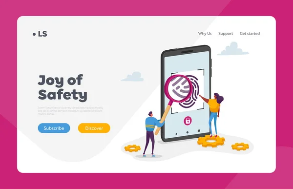 Ідентифікація особи, система доступу та безпеки Id Access and Security System Landing Page Template. Персонажі, що дивляться на тонкий принт — стоковий вектор